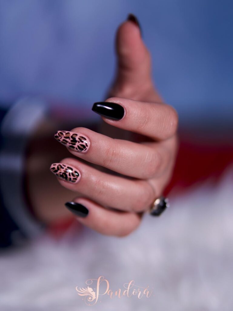 Close-up of a stylish hand with black and leopard print nail art — Pandora Nail Spa, Lafayette, CA