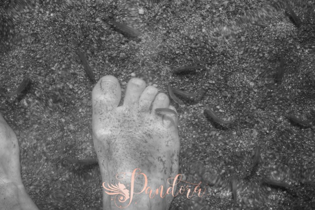 Monochrome image of a foot in a fish spa — Pandora Nail Spa, Lafayette, CA